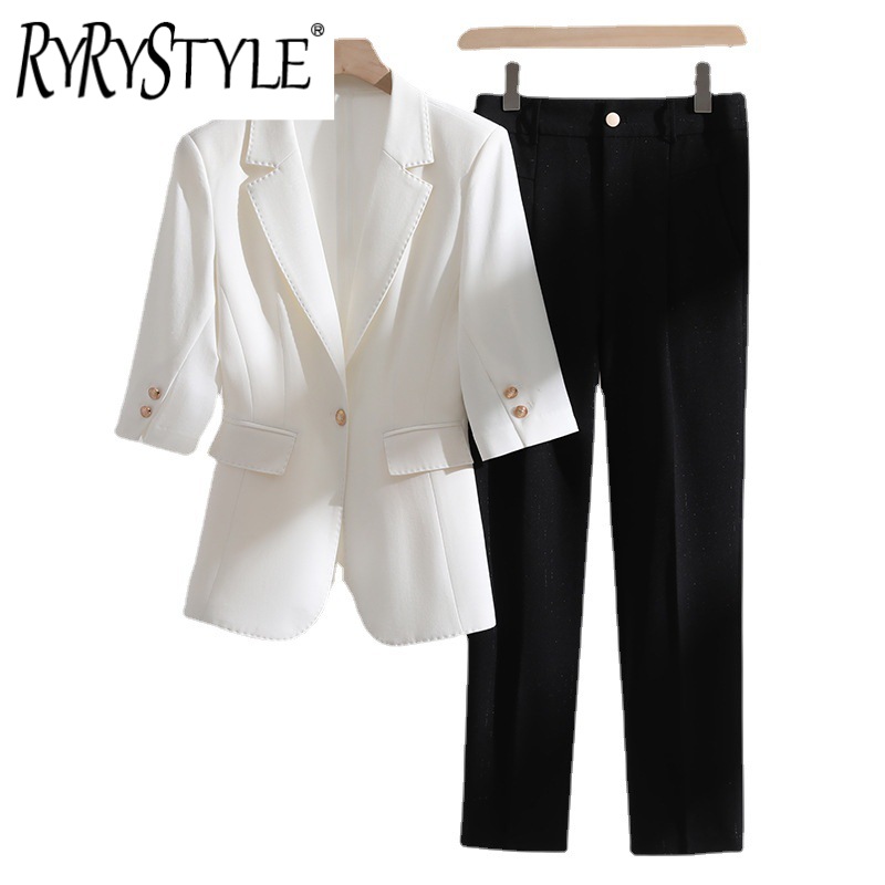 RYRYSTYLE 2023 New Bussalon Women's Mid sleeved Professional Suit Pants Formal Set Interview Sales 23913 Blazer ราคา 1,253 บาท*ส่งฟรี