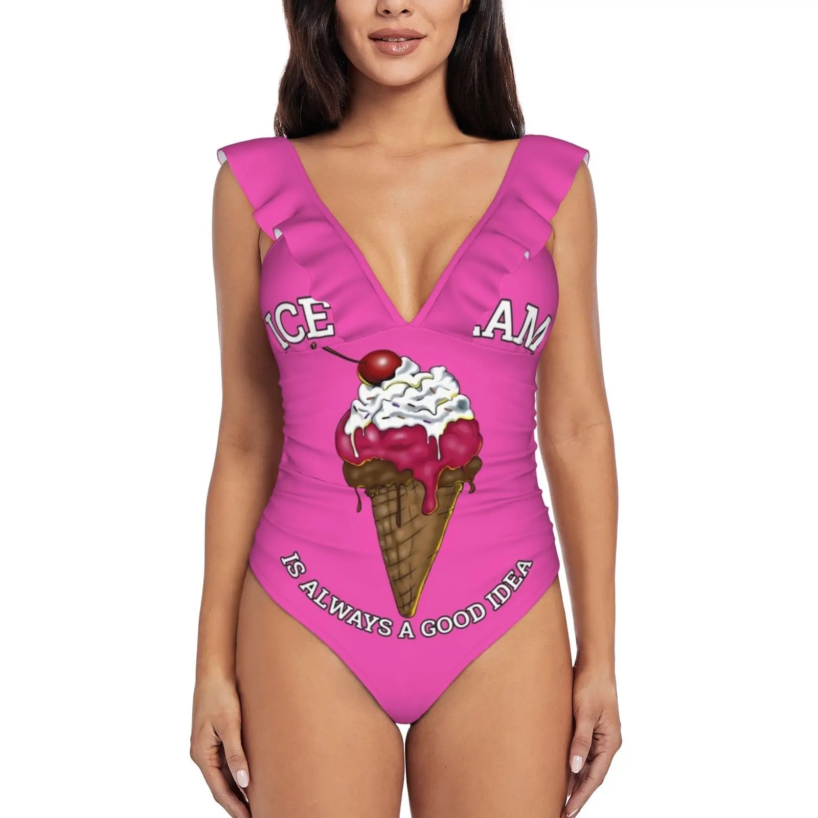 【original】 Waffle Cone Ice Is Always A Good Idea Ruffled One-Piece Swimsuit Women Monokini Swimwear New Beach Bathing Suits Ice