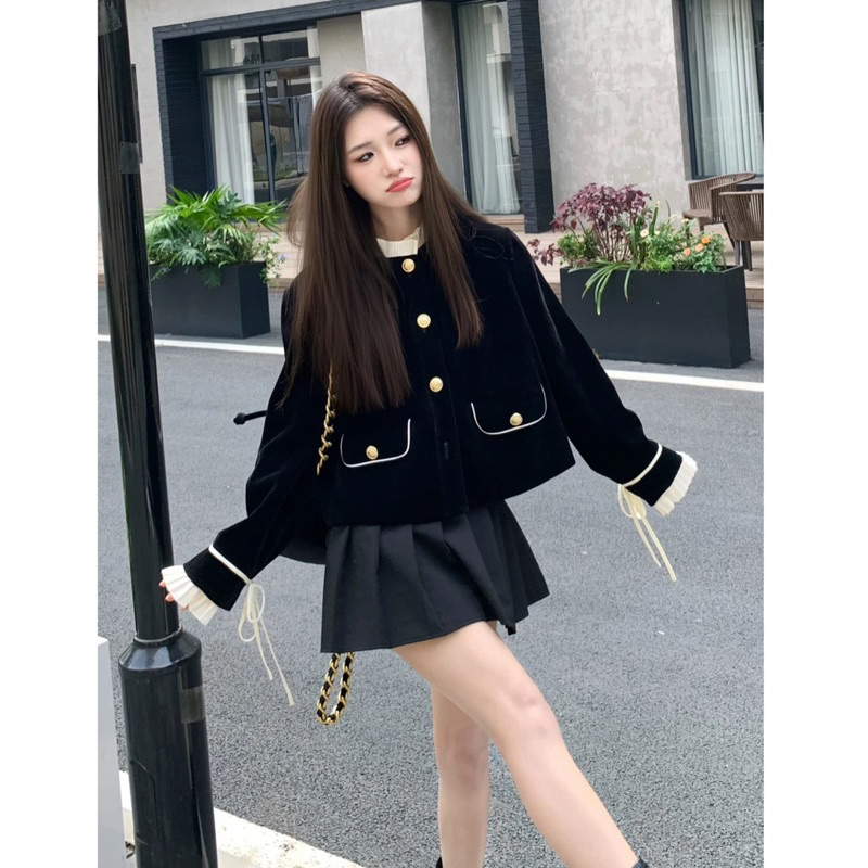 Áo nhung 2 lớp phối voan cổ, tay dài phối nơ cột dễ thương