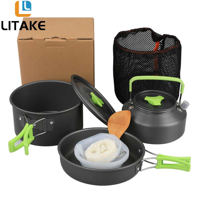 Litake Chất Lượng Cao 9 Pcs cắm trại ngoài trời Đồ Nấu Nướng Ds310 dã ngoại nấu ăn Set Với nồi nấu ăn chảo rán Ấm Đun Nước Bát nhựa Muỗng Gạo Xẻng Mướp Pouch