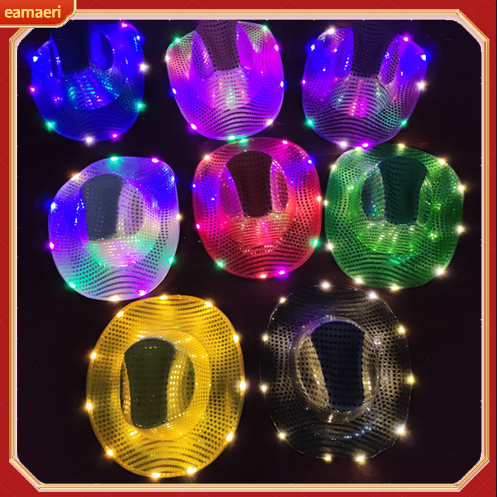 LED Light-Up Cowboy Hat Retro Western Style Luminous 9 Color Available Christmas Party Nightclubs Performance Photo Prop Cap ราคา 270 บาท*ส่งฟรี