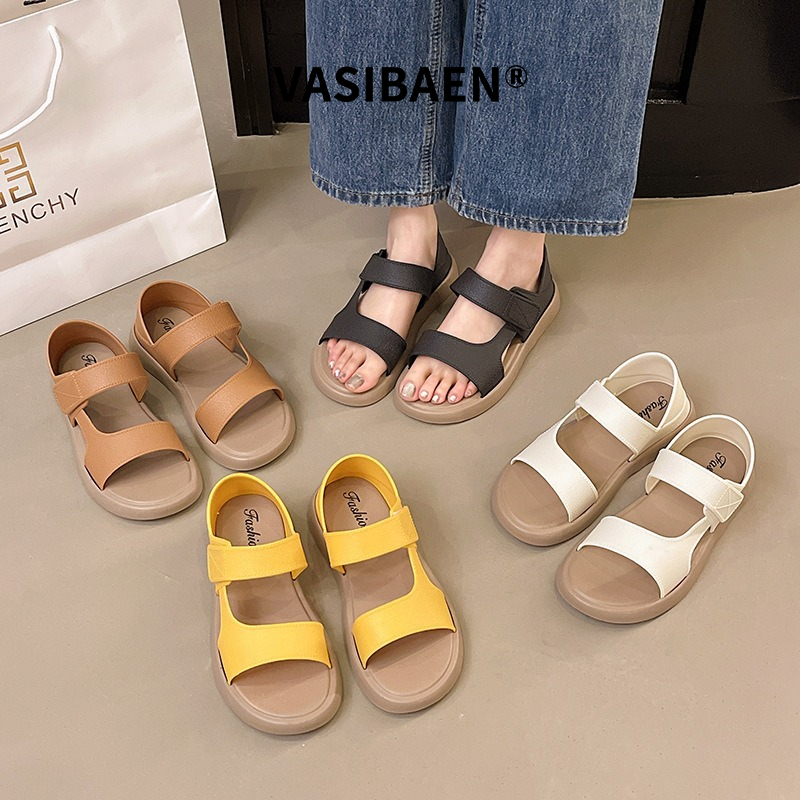 Vasibaen Xăng đan Rô-ma đế dày thời trang nữ đế mềm khóa dán thường ngày và Giày đi biển