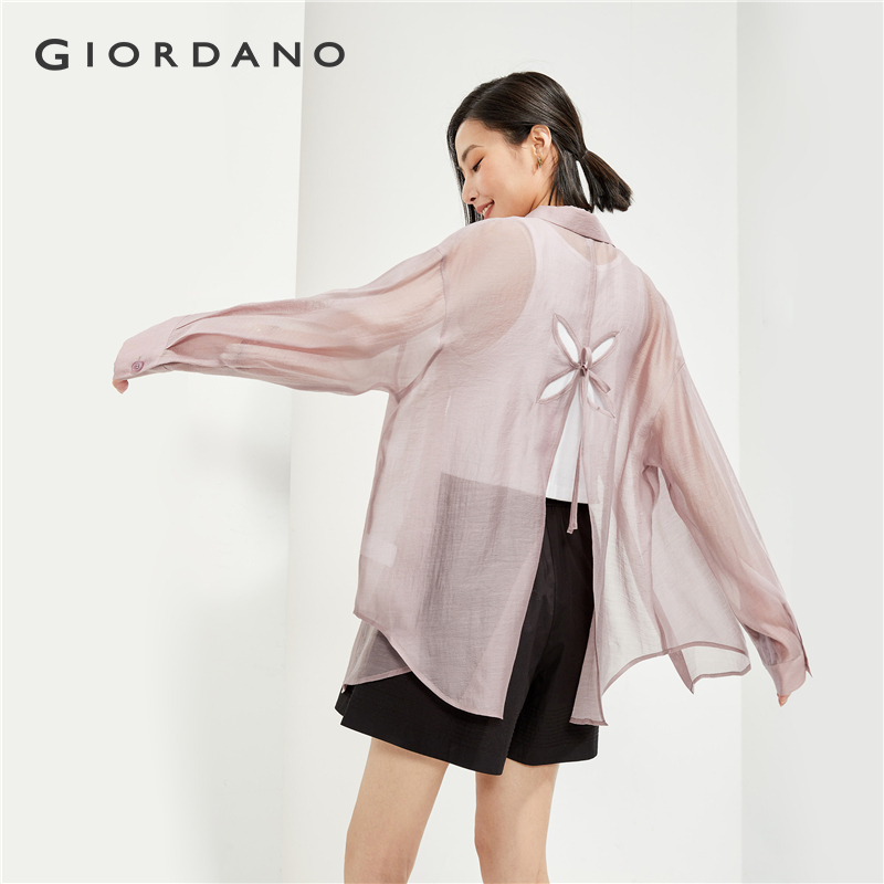 GIORDANO Nữ Áo Sơ Mi Tencel Nhẹ Áo Hollo Lưng Dài Tay Bán Sheer Đơn Giản Thời Trang Mùa Hè Áo Sơ Mi 18344909