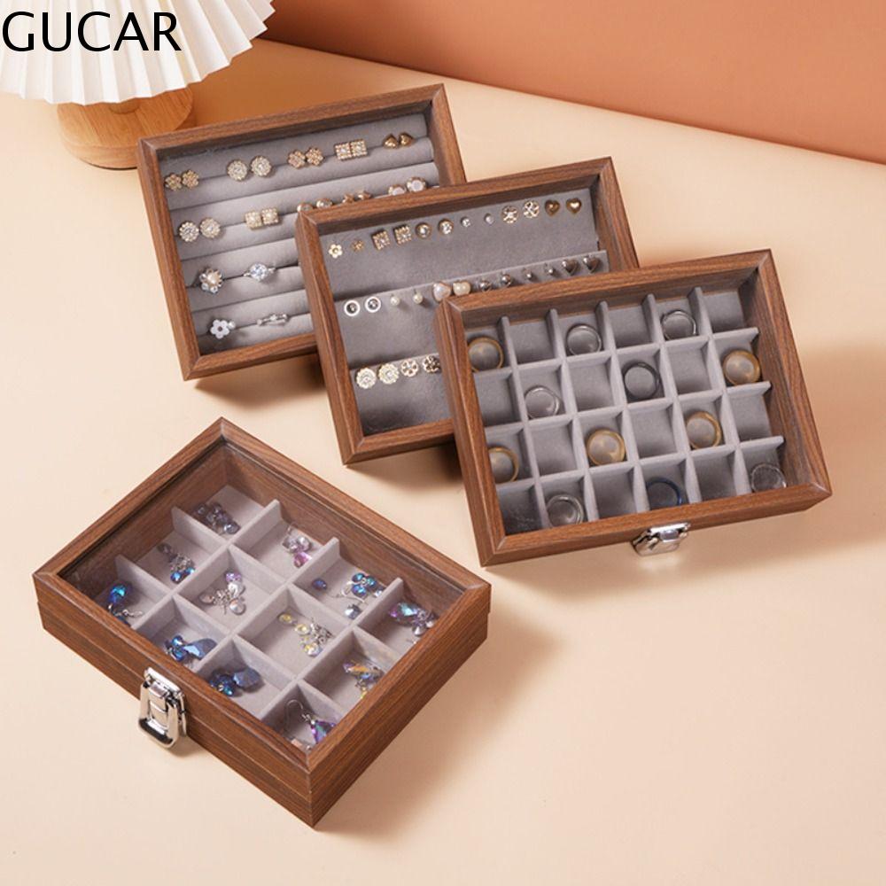GUCAR Đơn giản Hộp trang sức bằng gỗ Nắp thủy tinh Nhung Khay trưng bày trang sức Ốp có nhẫn Sức chứa lớn Giá đỡ trưng bày Nhẫn Hộp đựng trang sức