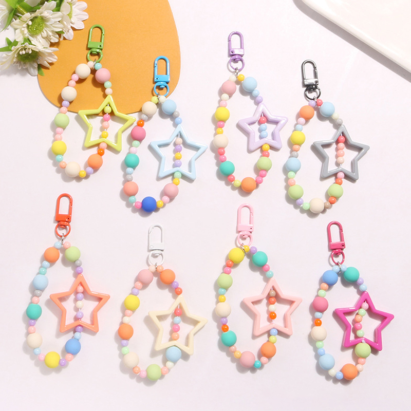 HUFANG Mới màu Rỗng ra năm cánh sao Keychain Mặt dây chuyền dopamine đầy màu sắc phong cách đính cườm chuỗi Tai nghe trường hợp Keychain phụ kiện