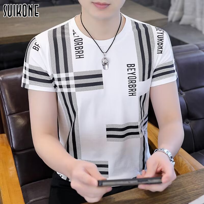 Suikone Men's T-shirt Ice Silk Cool Short Sleeve Quick-Drying Crew Neck T-shirt Fashion Printed Casual T-shirt ราคา 77 บาท*ส่งฟรี