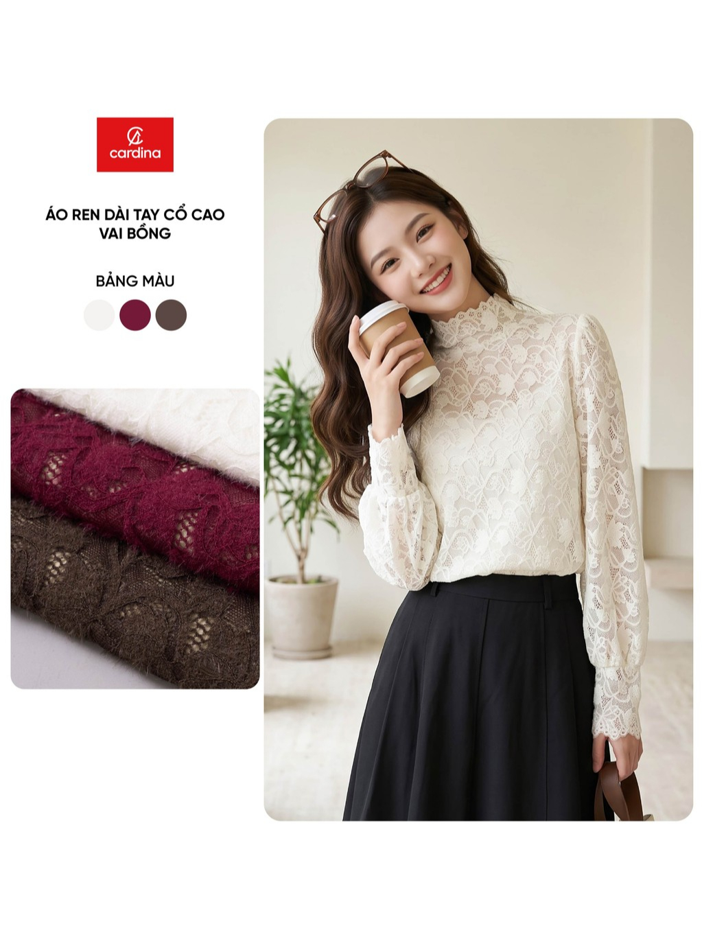 Áo ren nữ CARDINA chất liệu ren hoa dài tay cổ cao vai bồng có lót trong 6ARD05