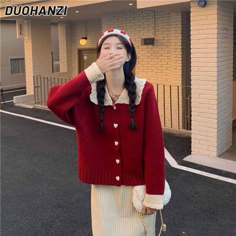 DUOHANZI Women's sweater short style doll collar top knitted cardigan Christmas bright red