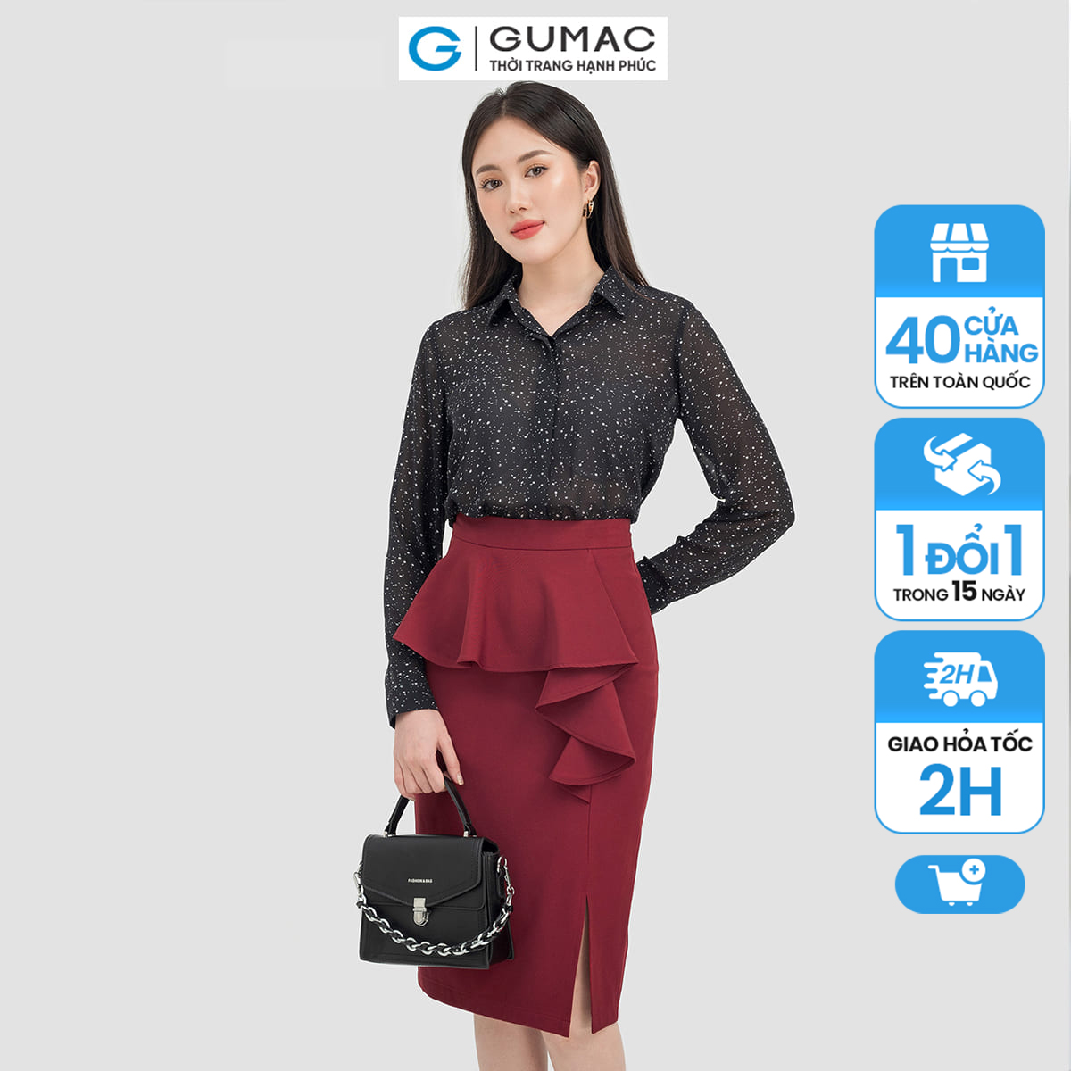 Chân váy nữ gumac vc07042 , chân váy bút chì dáng ôm phối bèo thời trang
