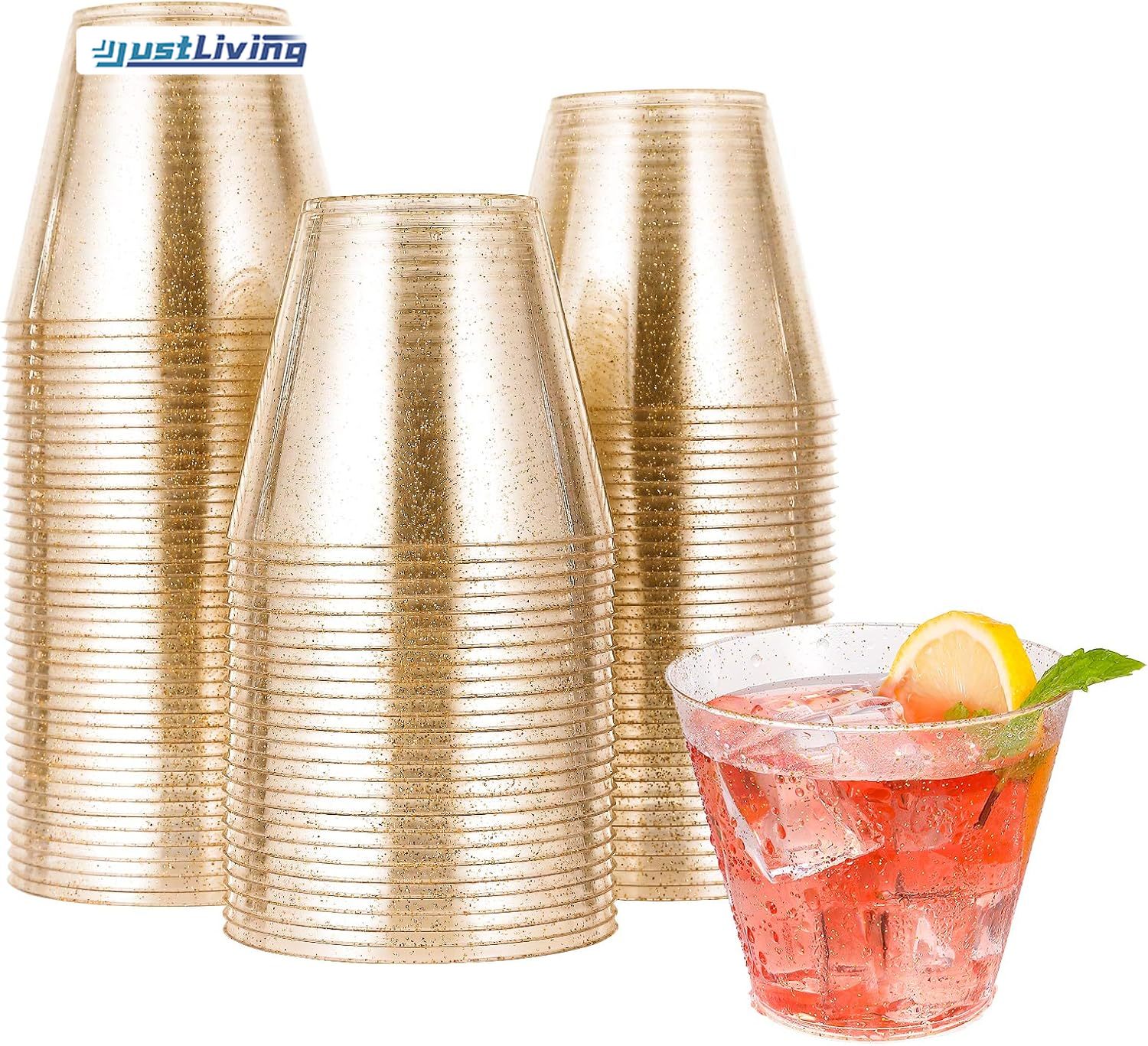 JustLiving 40Pack 9 oz Gold Plastic Cups, Disposable 270ML Gold Glitter Plastic Cups, Clear Plastic Tumblers, Perfect for Wedding Thanksgiving, Christmas Party Cups ราคา 538 บาท*ส่งฟรี
