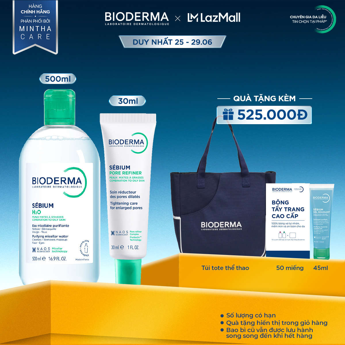 Bộ đôi làm sạch Micellar cho da hỗn hợp và da dầu Bioderma Sebium H2O 500ml và Kem dưỡng se lỗ chân lông Pore refiner 30ml