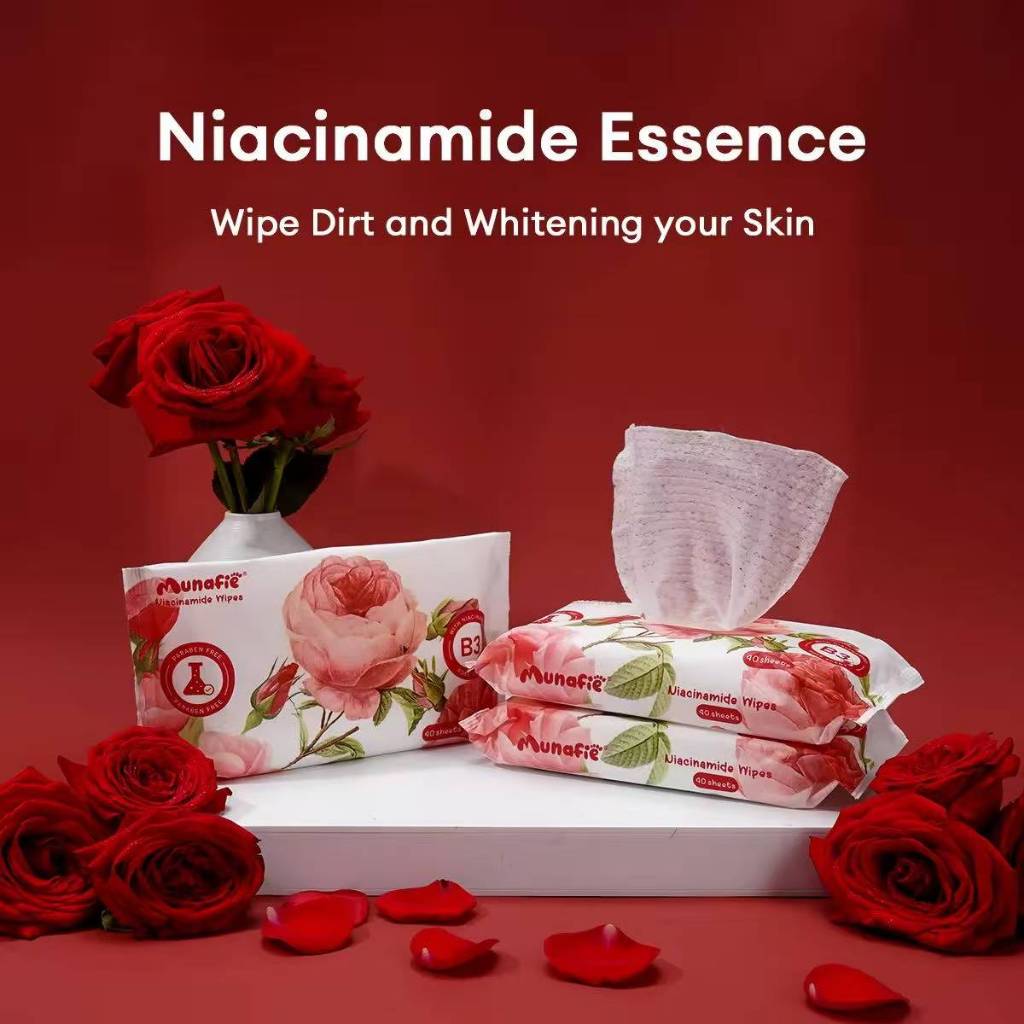 (3packs) Munafie Rose Scented Niacinamide Cleansing Wipes Alcohol Free Wet Wipes 40Sheets