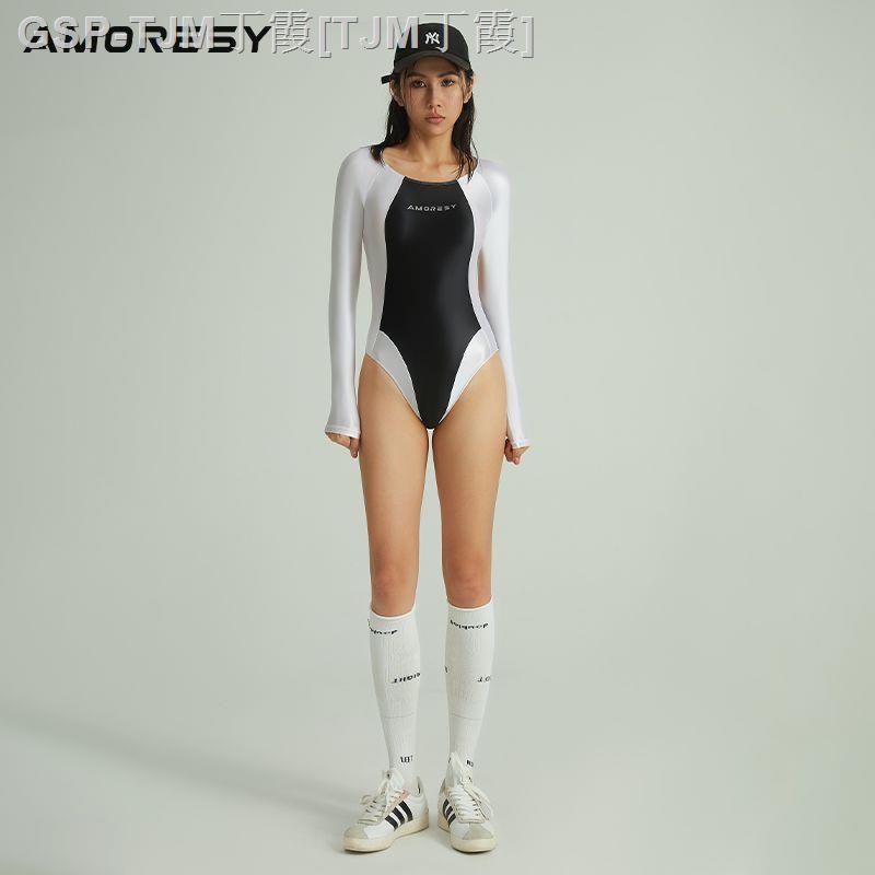 AMORESY Merope series long-sleeved classic spandex color-blocked backless sun protection one-piece sexy competitive swimsuit