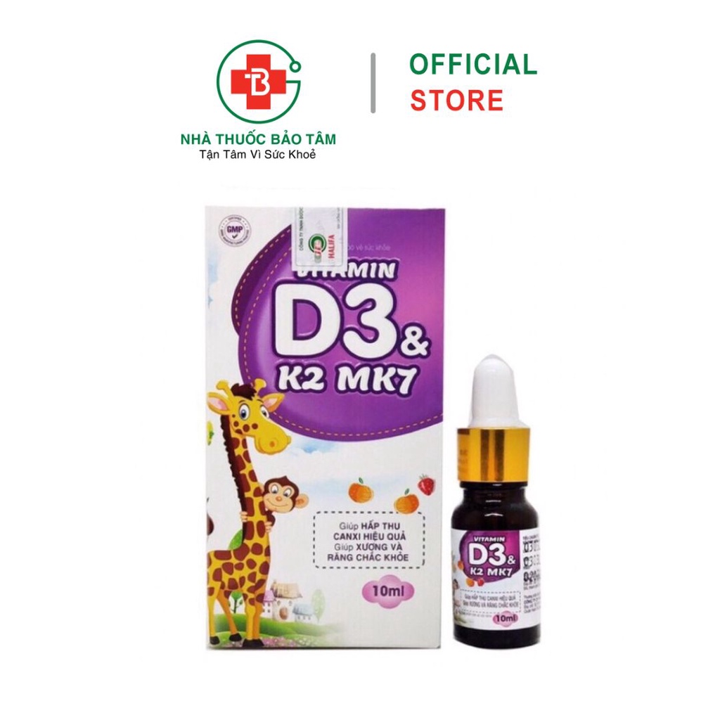 Vitamin D3 K2 Mk7 nhỏ giot giúp bé hấp thụ tăng trưởng chiều cao, cân nặng, chống còi xương, Suy dinh dưỡng - lọ 10ml