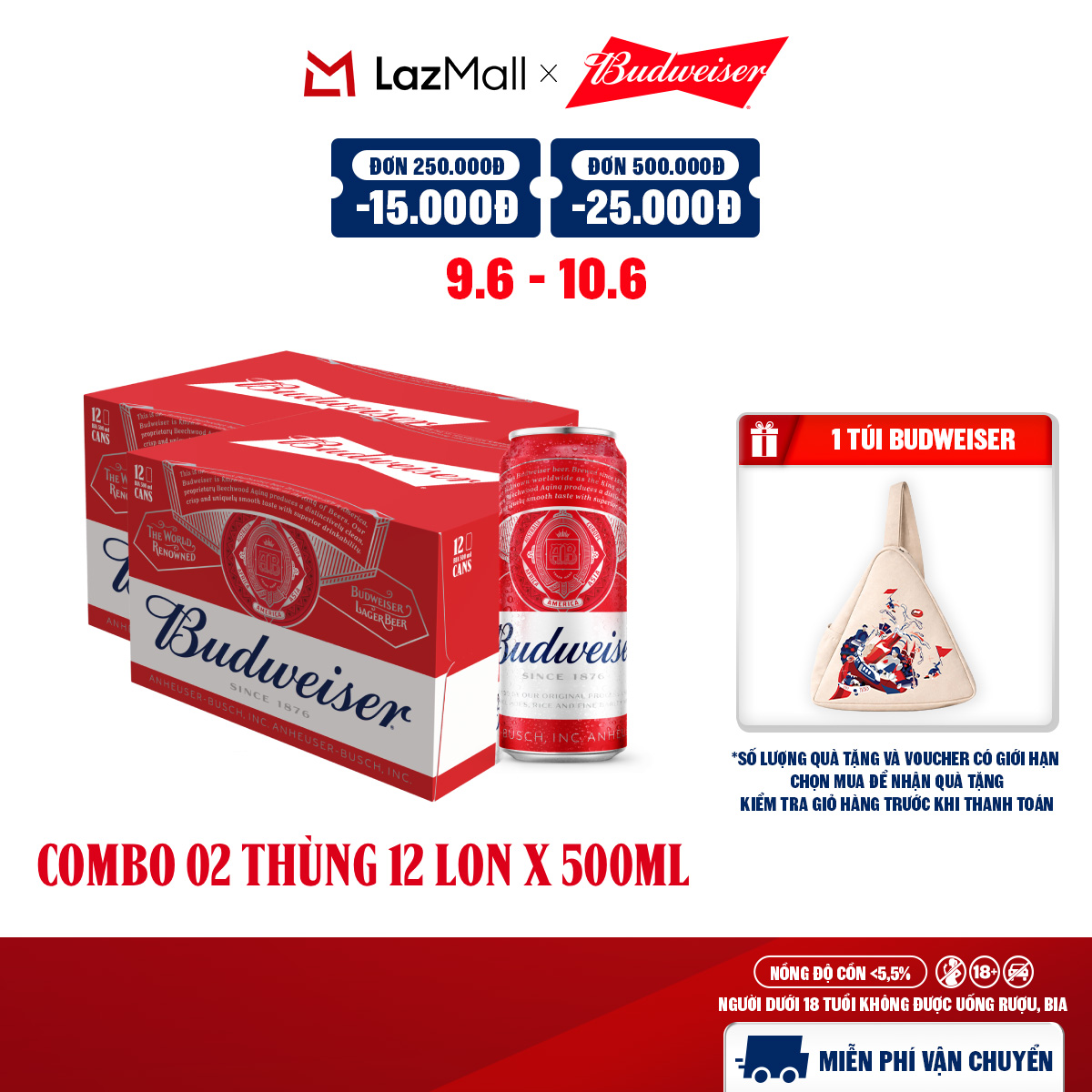 Combo 2 Thùng 12 Lon Bia Budweiser Chính Hãng (500ml/lon)