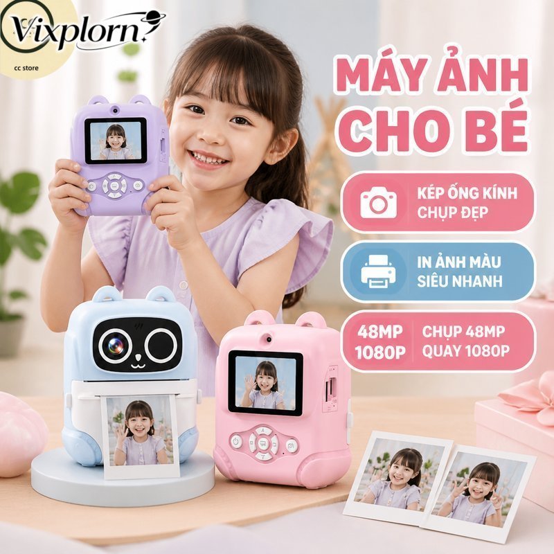 Vixplorn Máy ảnh in liền cho bé camera chụp ảnh lấy ngay 48MP camera kép quay video 1080P màn hình cảm ứng pin sạc thẻ nhớ
