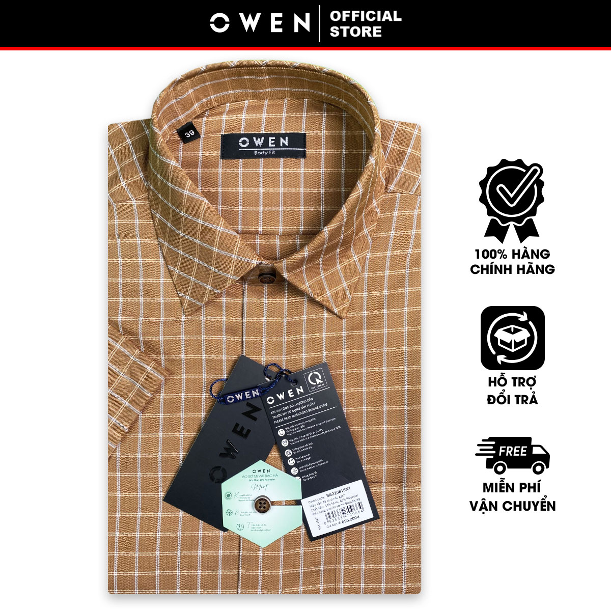OWEN SALE - Áo Sơ Mi Owen Tay Ngắn Màu Nâu Gạch  Họa Tiết Caro Form Body Fit Lai Ngang Chính Hãng