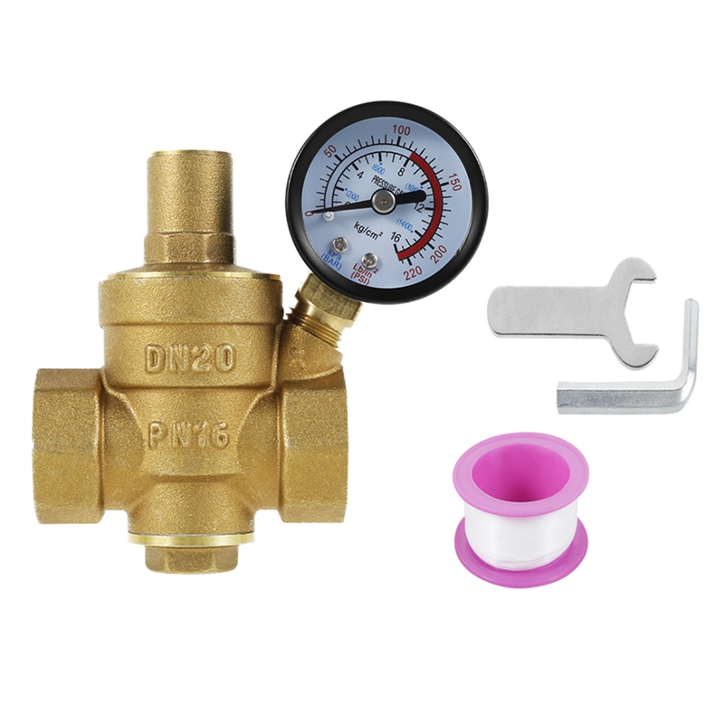 (XFVG) 3/4inch DN20 Brass Water Pressure Regulator Valve Water Pressure Reducer Regulator Adjustable Relief Valve Gauge