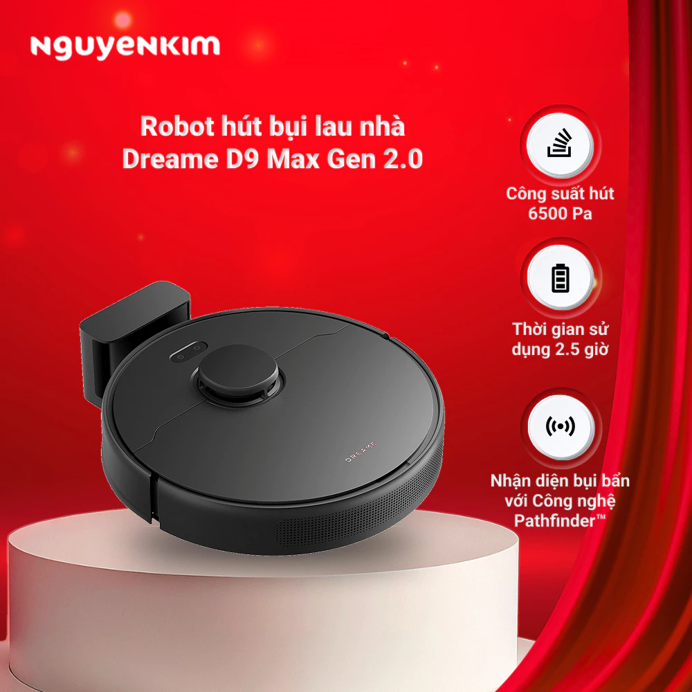 Dreame D9 Max Gen 2 - Robot hút bụi lau nhà màu đen, kích thước 350x350x96.8mm, dung lượng hộp chứa bụi 0.57L