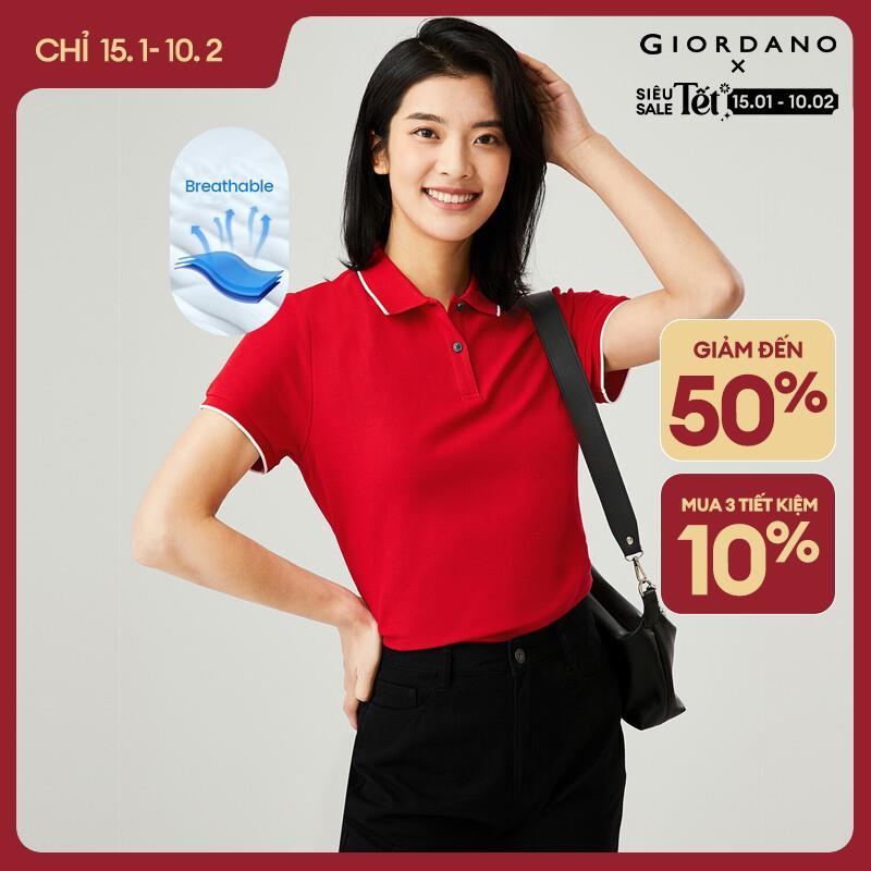Áo POLO Nữ Tay Ngắn GIORDANO Women vải Pique Mảnh khảnh Trang trí viền gân với màu tương phản Thấm h