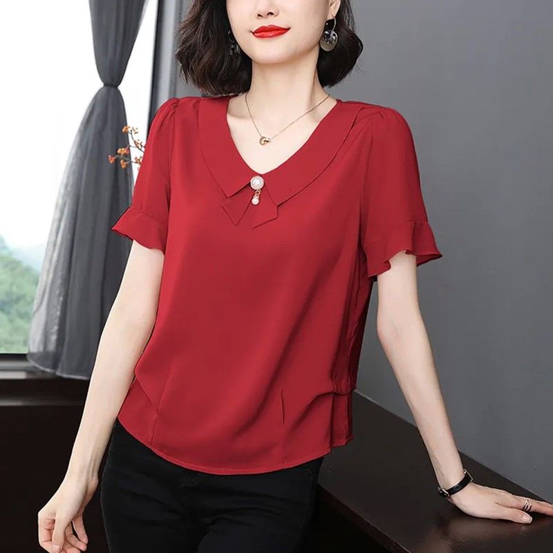 Áo cánh vải voan áo cánh ngắn tay cho mẹ Trung Niên Áo nhỏ tay bèo khí chất lão hóa thời trang mùa h