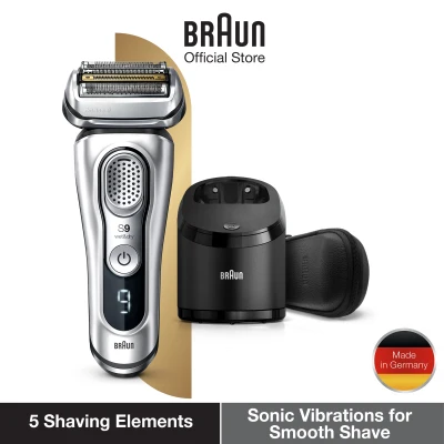 Braun Series 9 9390cc Electric Shaver for Men - Rechargeable Wet & Dry Electric Razor with Precision Trimmer Smart Clean and Charge Station, Leather Pouch, Silver