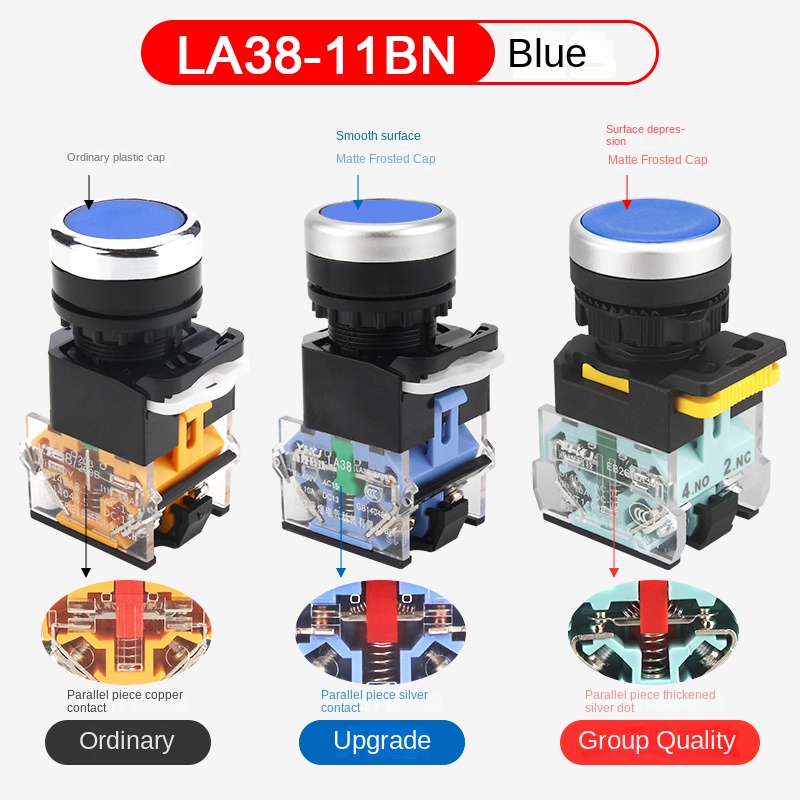Nút Nhấn LA38-11BN , 22mm, Tự Phục Hồi/Tự Khóa, Đỏ/Xanh/Vàng, 1NO+1NC/2NO/2NC, Công Nghiệp, IP65 Chống Nước - nhấn nhả tốt - màu xanh