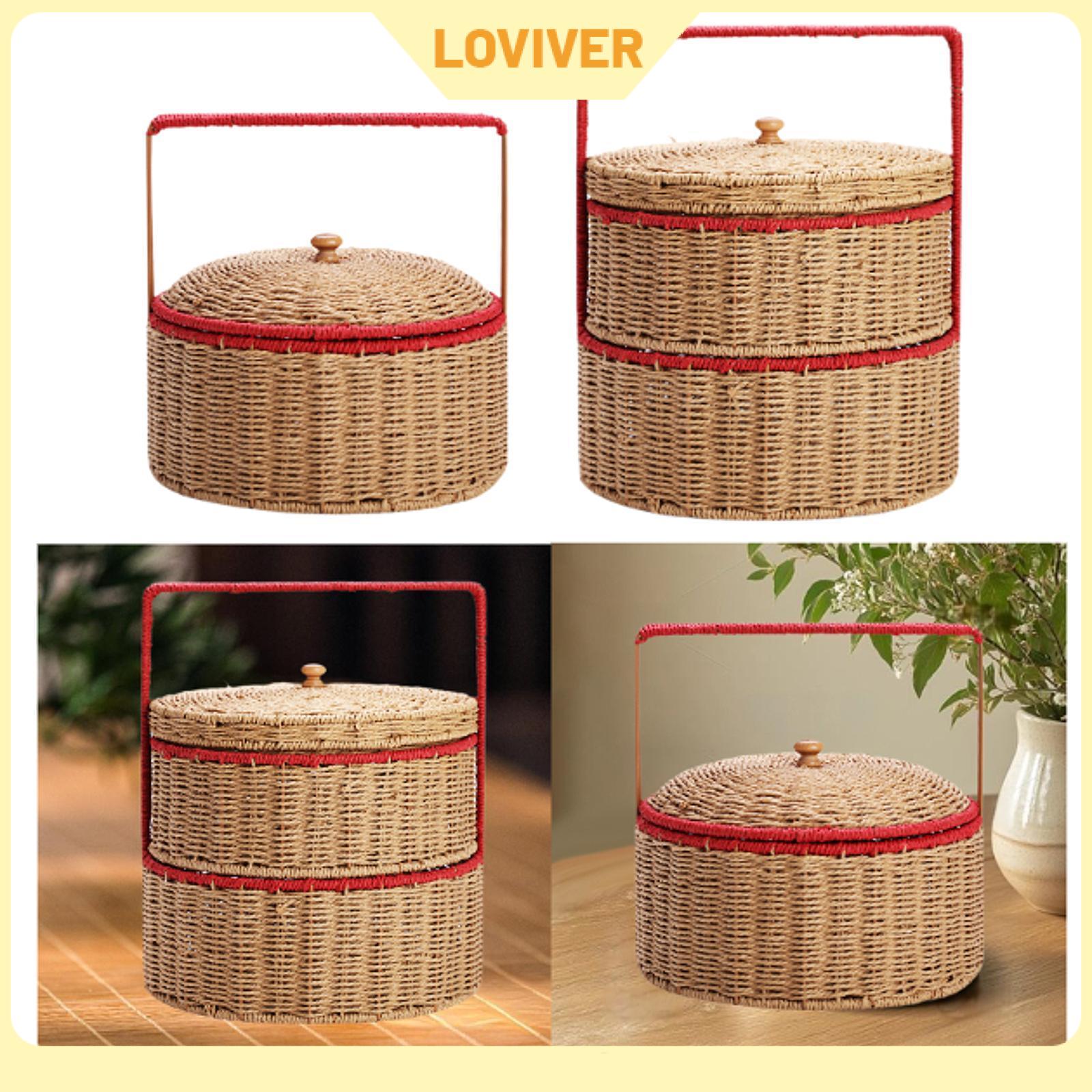 Handwoven Basket with Handle Portable Sturdy Multifunction with Cover Storage Bin for Outdoor Camping Hiking Kitchen Snacks ราคา 13,625 บาท*ส่งฟรี