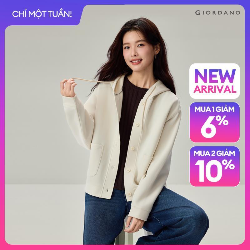 GIORDANO Women Jackets Drawstring Hood Jackets Button Closure Drop Shoulder Fashionable Casual Relaxed Jackets 13376182