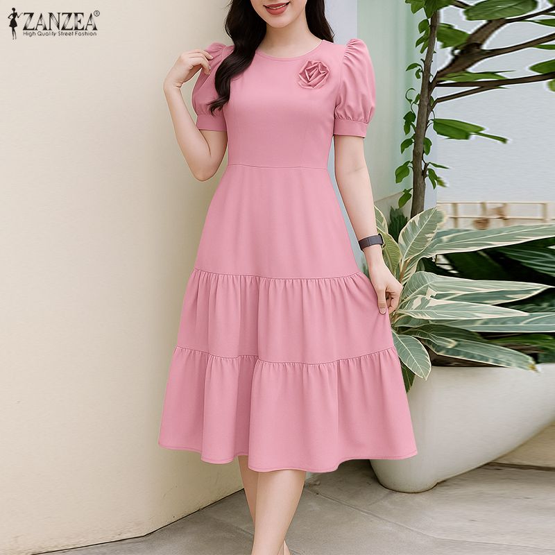 (3 Days Delivery) ZANZEA Korean Style Women Trendy 3D Floral Puff Sleeve Dresses Crew Neck Ruffled Edge Pleated Midi Plain Dress #F ราคา 250 บาท*ส่งฟรี