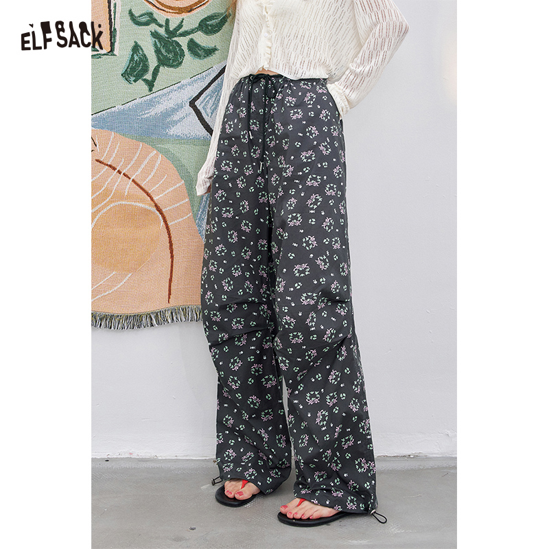 ELFSACK Summer New Arrivals loose straight thin Black floral casual work trousers pant for woman ราคา 1,514 บาท*ส่งฟรี