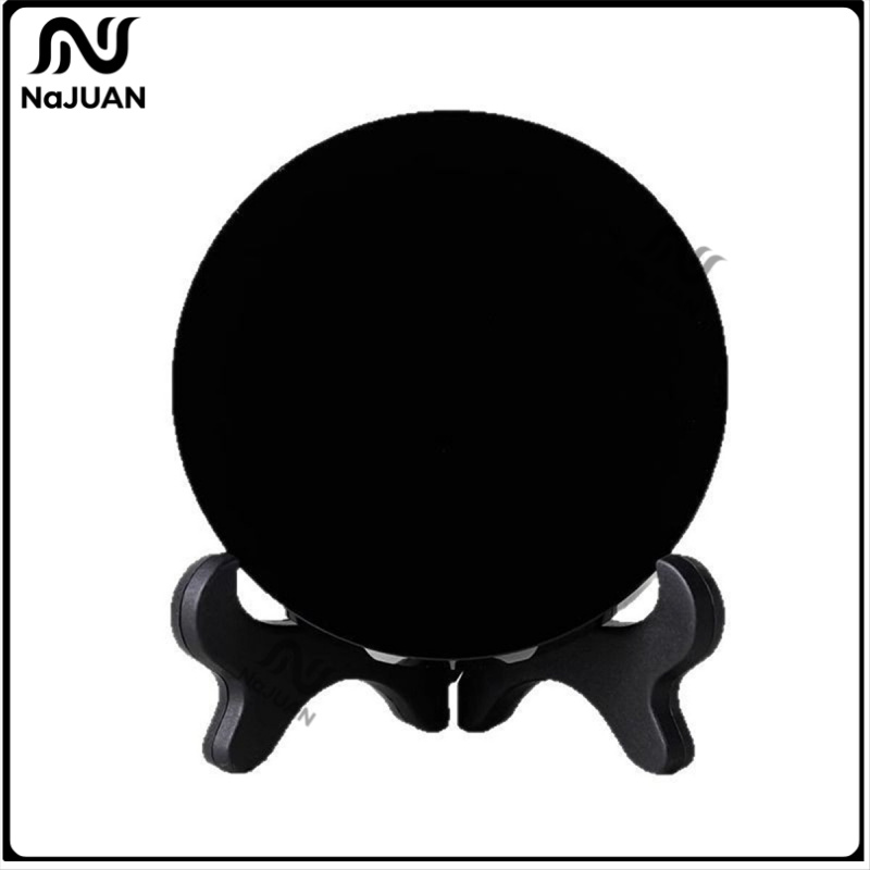 [NaJUAN] High Quality Natural Black Obsidian Scrying Mirror Healing Crystals Stone Round Plate Mirror Home Decor with Shelf