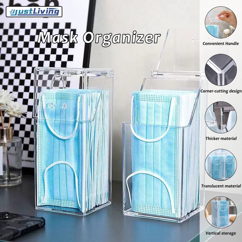 Justliving 1 hộp đựng mặt nạ trong suốt Đồ gia dụng sức chứa lớn Hộp đựng mặt nạ dùng một lần lớn chống bụi có nắp hộp xếp nắp lật Hộp đựng mỹ phẩm