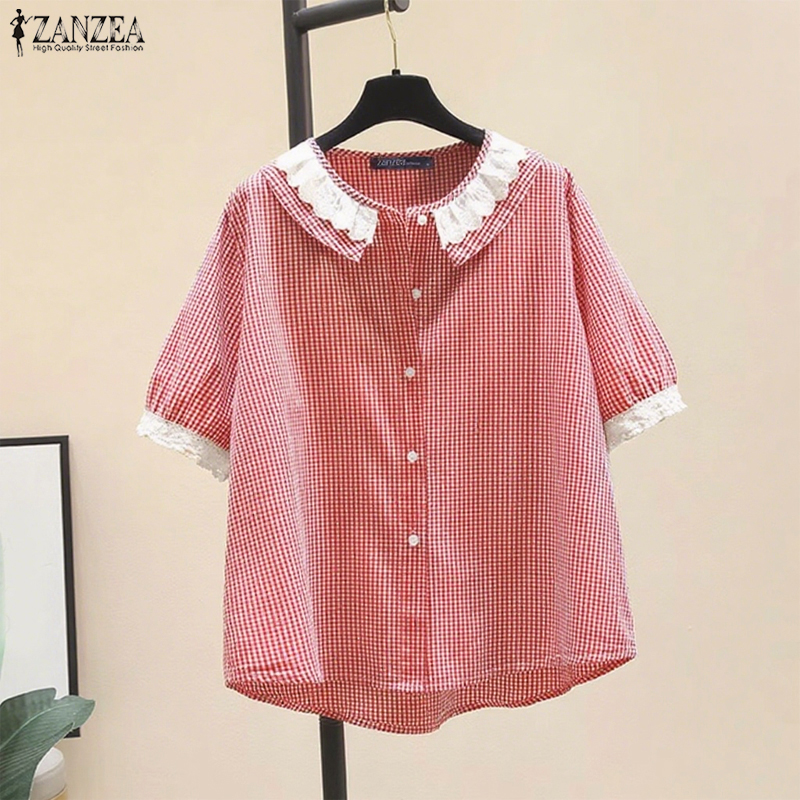  Zanzea nữ tính quay xuống cổ áo Áo sơ mi ngắn tay may ren in kẻ ca rô hàng đầu #0721 