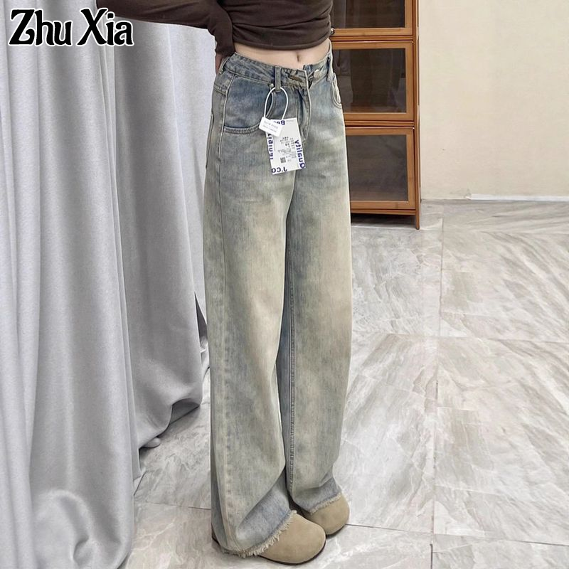 Zhu Xia cao eo rộng chân quần denim cho phụ nữ 2025 thiết kế mới đau khổ thẳng vừa vặn phong cách Hàn Quốc thường ngày