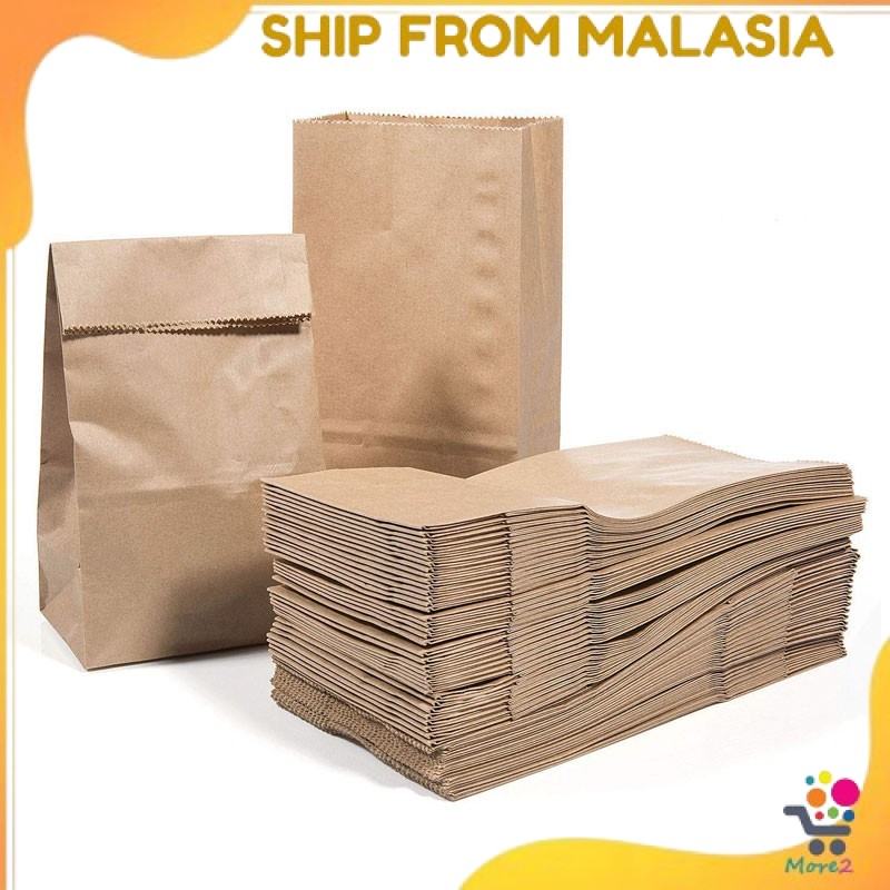 [100 keping] Beg Kertas SOS Kraft Coklat atau Putih / SOS Kraft Paper Bag Brown or White/ Food Grade Gift Bag / Virgin Paper Material Bag / Beg Kertas Coklat