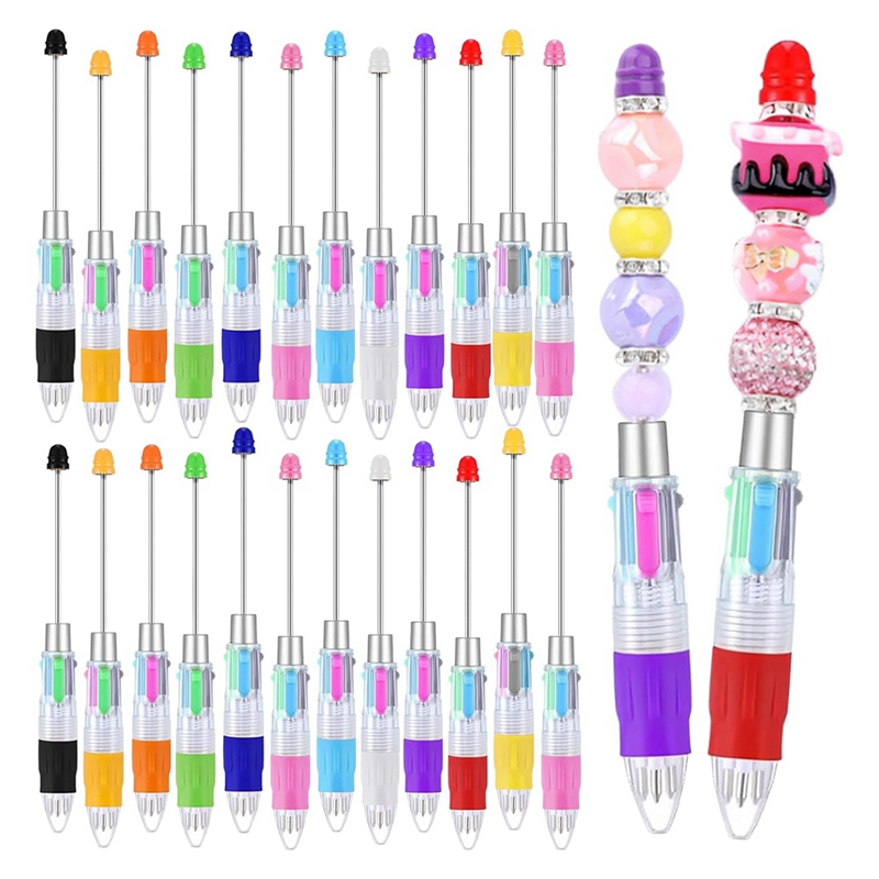 24Pcs Multi-Color Beaded Pens 4-In-1 Colorful Beaded Pens Retractable Ballpoint Pens DIY Making Kit for Office Easy to Use