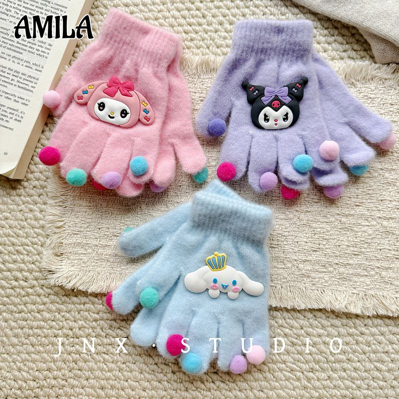 Găng tay mùa đông hoạt hình dễ thương amila cho trẻ em với pom-poms và thiết kế nhân vật, phong cách không ngón ấm áp và ấm cúng