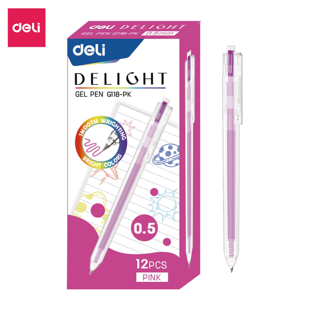 Bút bi nước mực GEL bấm nhiều màu 0.5mm Deli G118. Nét bút mượt mà màu sắc tươi sáng