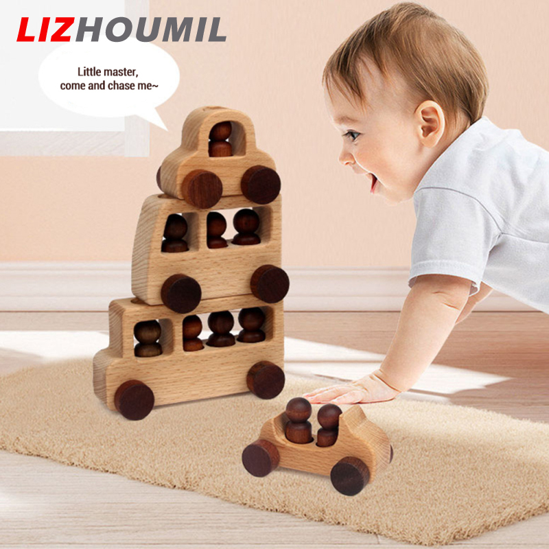 LIZHOUMIL 4pcs Wooden Car Toy Wood Push Car Vehicle Model Toy Stacking Building Blocks Gifts For Baby Boys Girls ราคา 461 บาท*ส่งฟรี