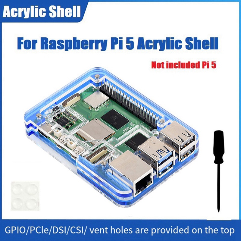 Shell Pi 5 Acrylic Shell for 5 Transparent+Blue Acrylic Shell Supports the Installation of Official Heat Dissipation
