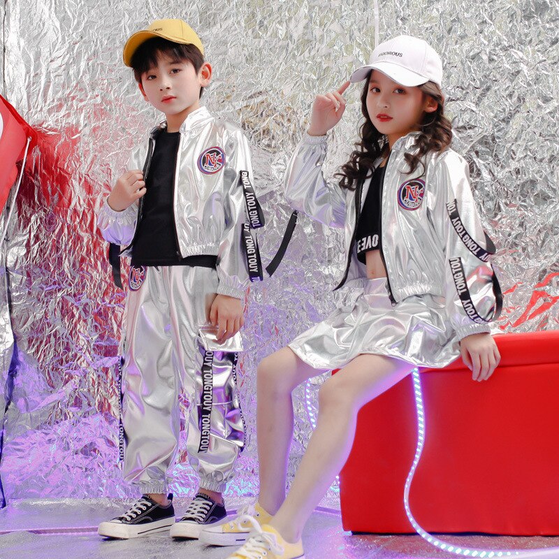 Trẻ Em Mới Hip Hop Jazz trang phục khiêu vũ PU màu bạc Áo khoác dài tay Áo Váy Phù Hợp Với điệu nhảy đường phố Trống Trang Phục Sân Khấu