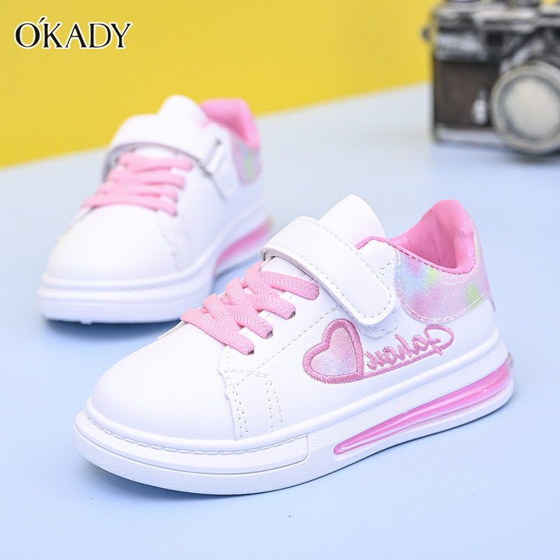 OKADY Children's sports shoes, girls' casual shoes, waterproof white sports sneakers, leather single shoes, student white shoes