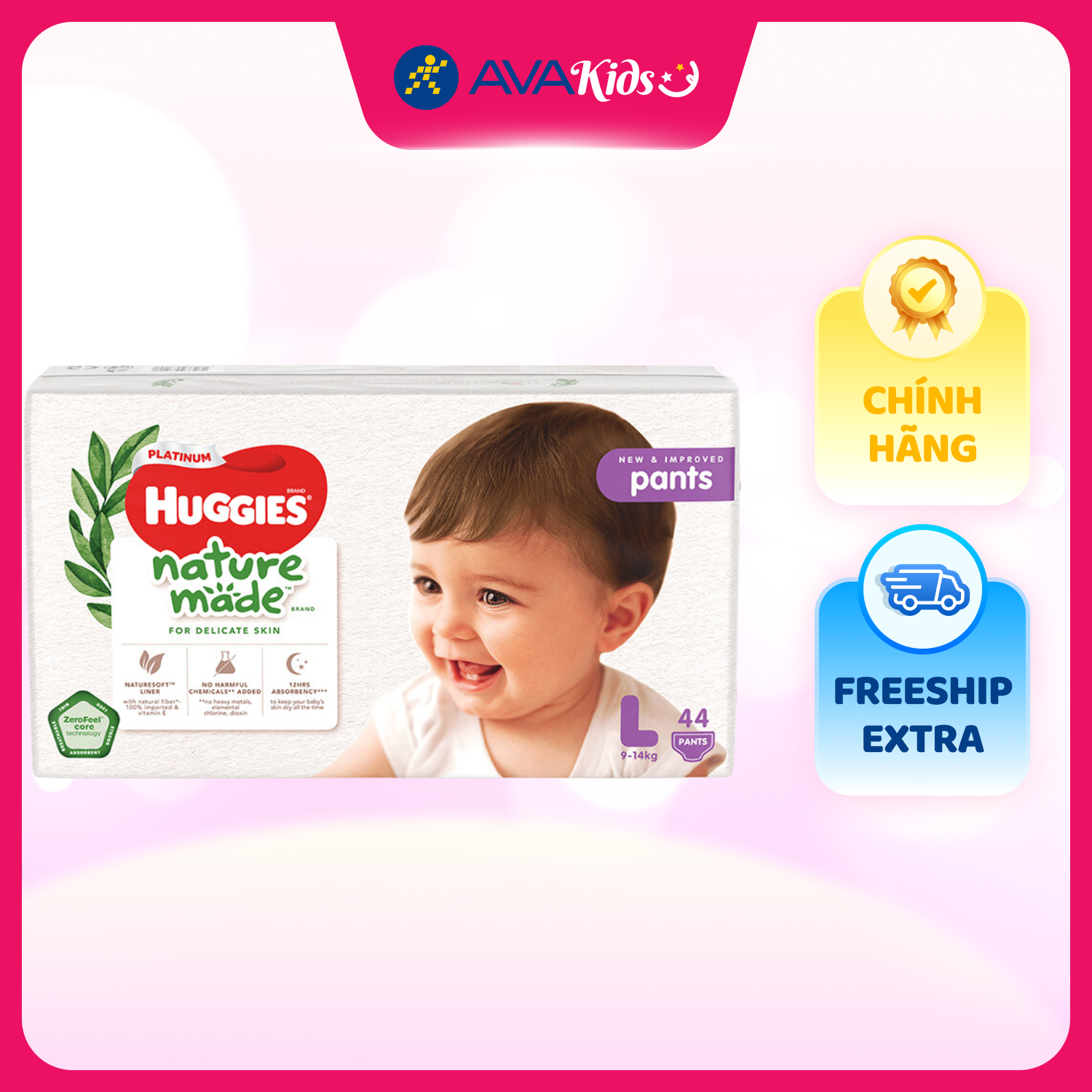 Tã quần Huggies Platinum nature made siêu cao cấp size L 44 miếng (9 - 14 kg)