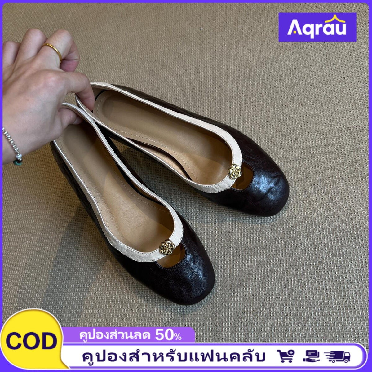 Aqrau 【50%OFF】Retro Style Soft Leather Flat Bottom Mary Jane Shoes Women's Slip-On round Toe Tea Rose Pattern Fashionable Casual Footwear ราคา 315 บาท*ส่งฟรี