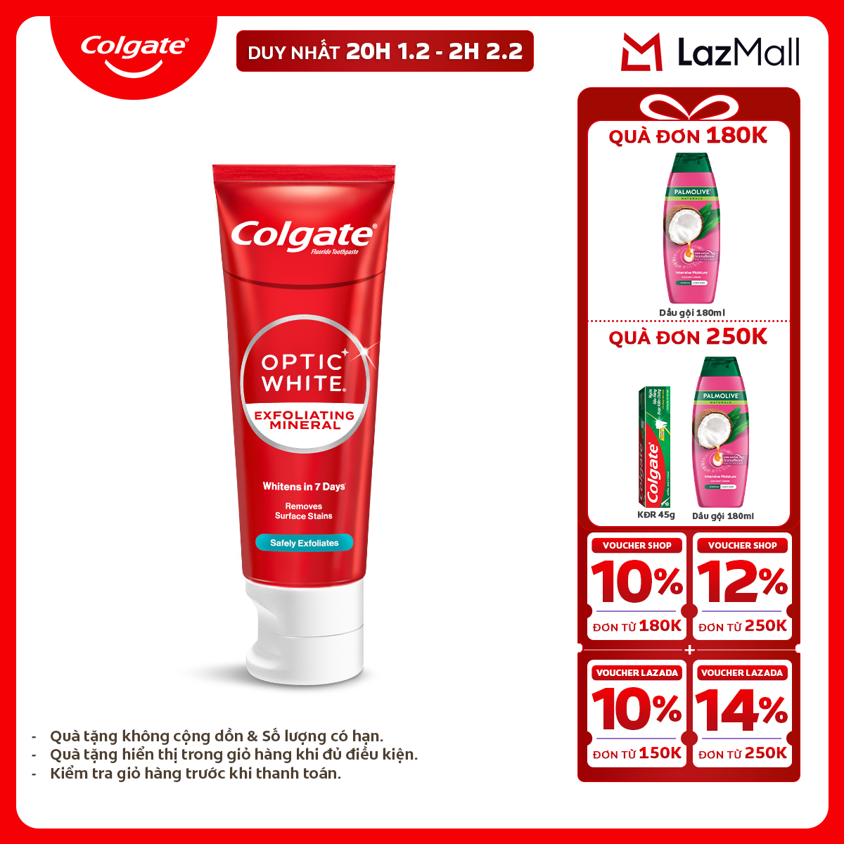 [Chỉ 20H 1.2 - 2H 2.2_X2 Voucher giảm 26%] Kem đánh răng Colgate trắng răng Optic White làm trắng sá