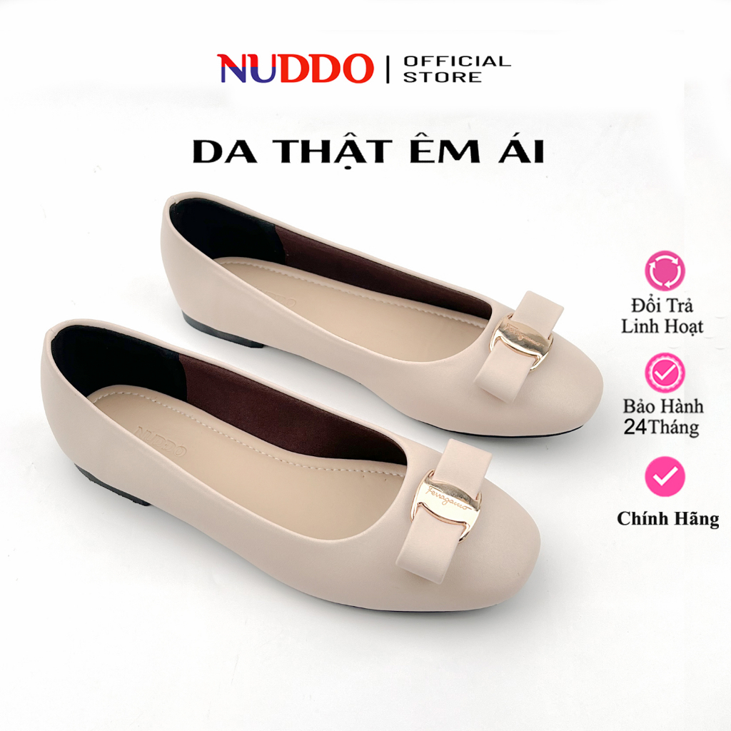 Giày Bệt Nữ Búp Bê Mũi Vuông Da Thật Cao Cấp, Guốc Đế Bằng Phối Nơ Kim Loại Da Mềm NUDDO - NN004K