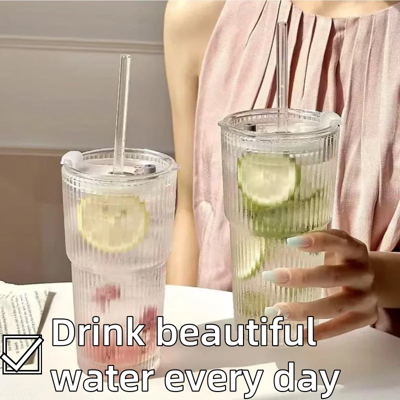 【Rear Waves】 Simple vertical glass cup with lid and straw water cup high-value cold drink cup juice American coffee cup drink cup