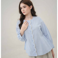 Mayoutfit.id Lavena Shirt | Kemeja Wanita Katun Stripe Garis Aksen Scallop