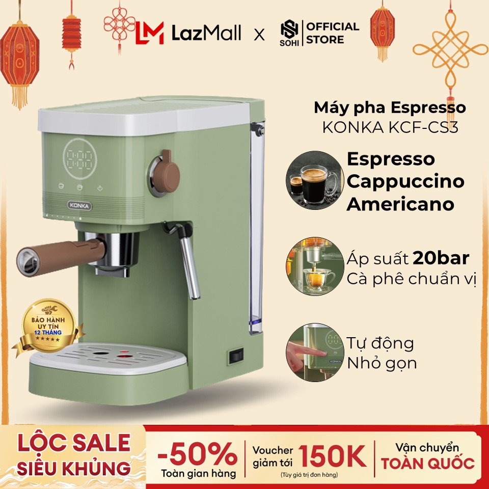 Máy pha cà phê Konka KCF-CS3 espresso, cải tiến, pha cà phê bột, cà phê viên nang, đánh bọt sữa, bảo hành 12 tháng